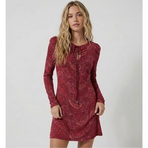 NWT RACHEL Rachel Roy Berry Paisley Retro Mini Dress Medium Keyhole Long Sleeve